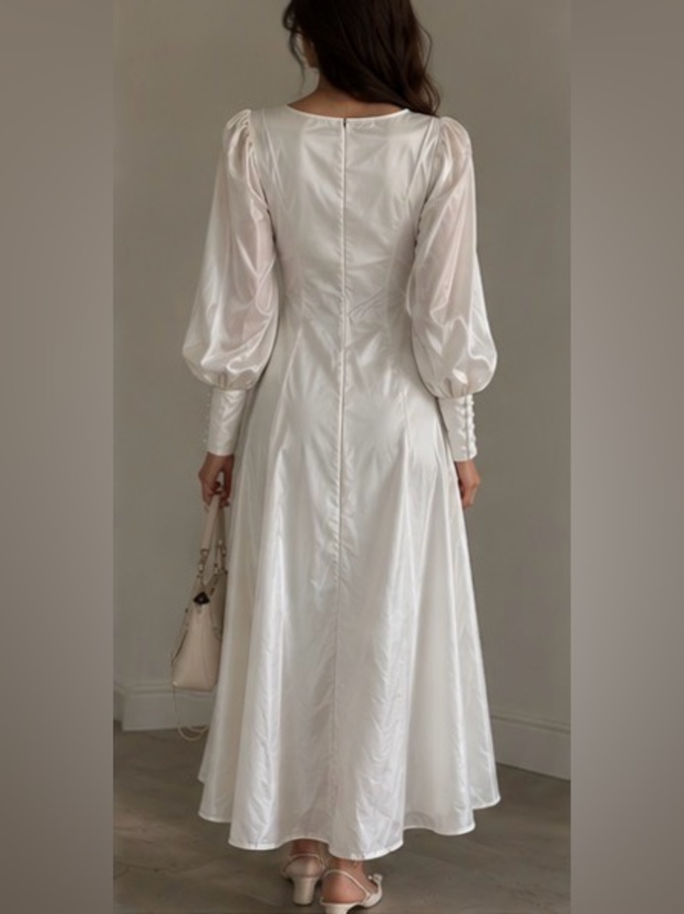 Cider White Satin V-Neck Long Sleeve Button-Front Dress - Picture 3 of 6